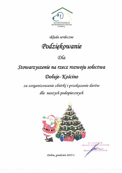Podziękowanie od schroniska dla bezdomnych zwierząt w Dobrej