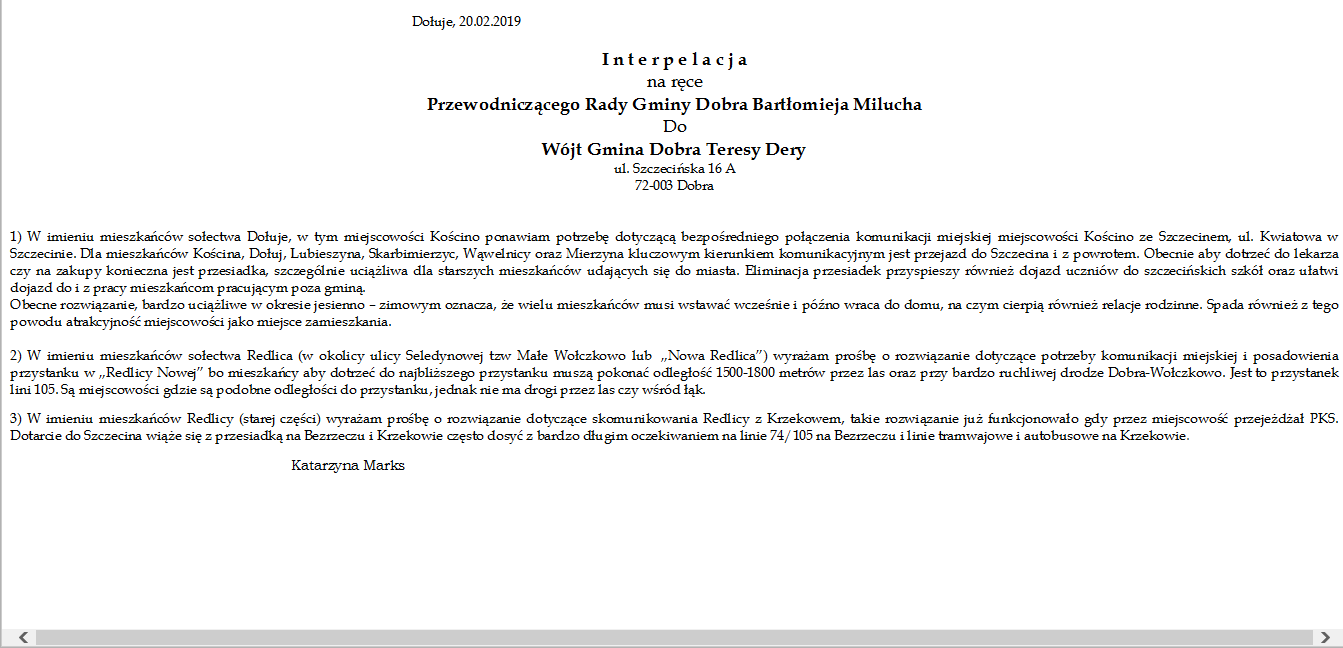 Interpelacja w sprawie bezpośredniej komunikacji miejskiej z Kościna do Szczecina